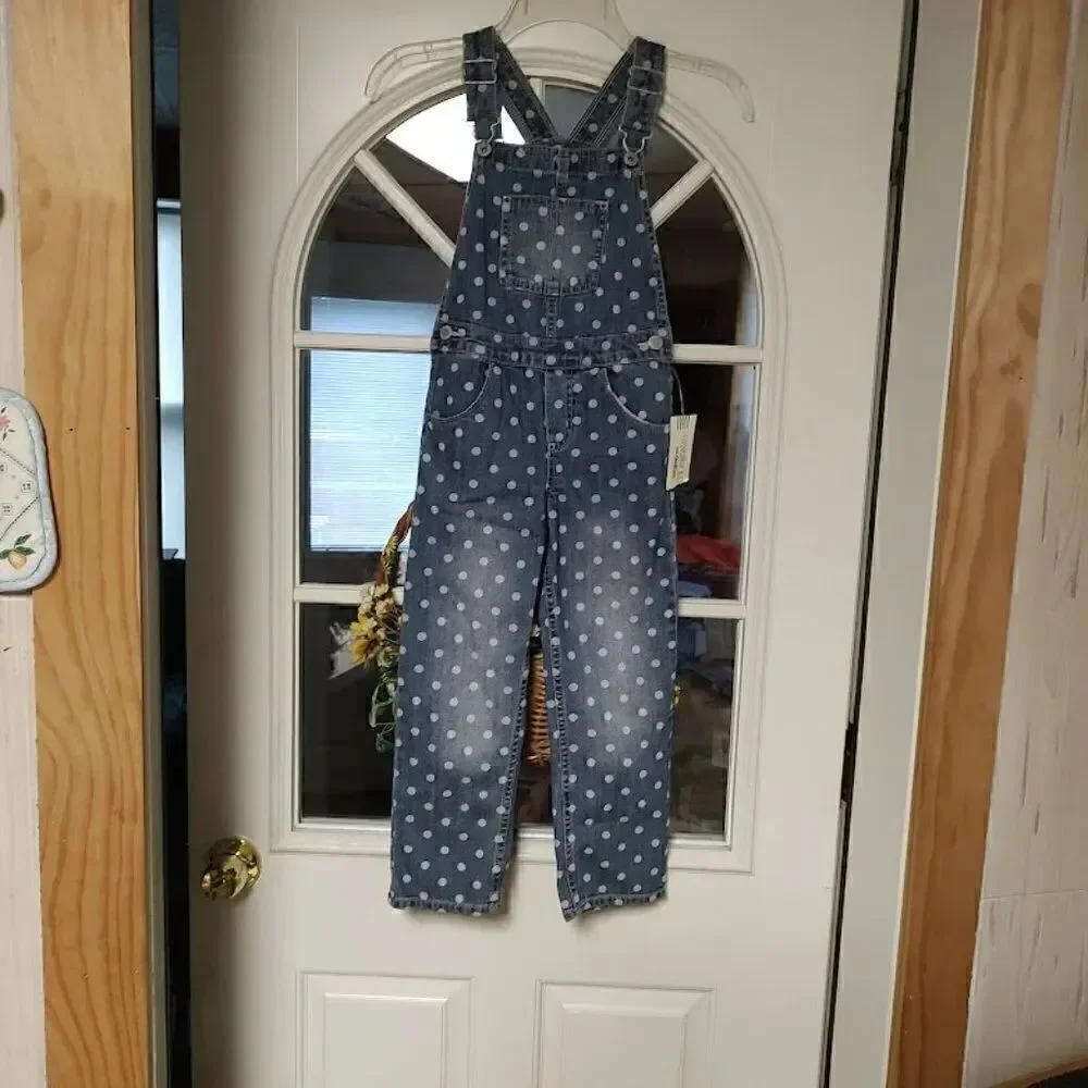 New Osh Kosh Blue Denim White Polka Dot Bib Overalls Girl's 5T